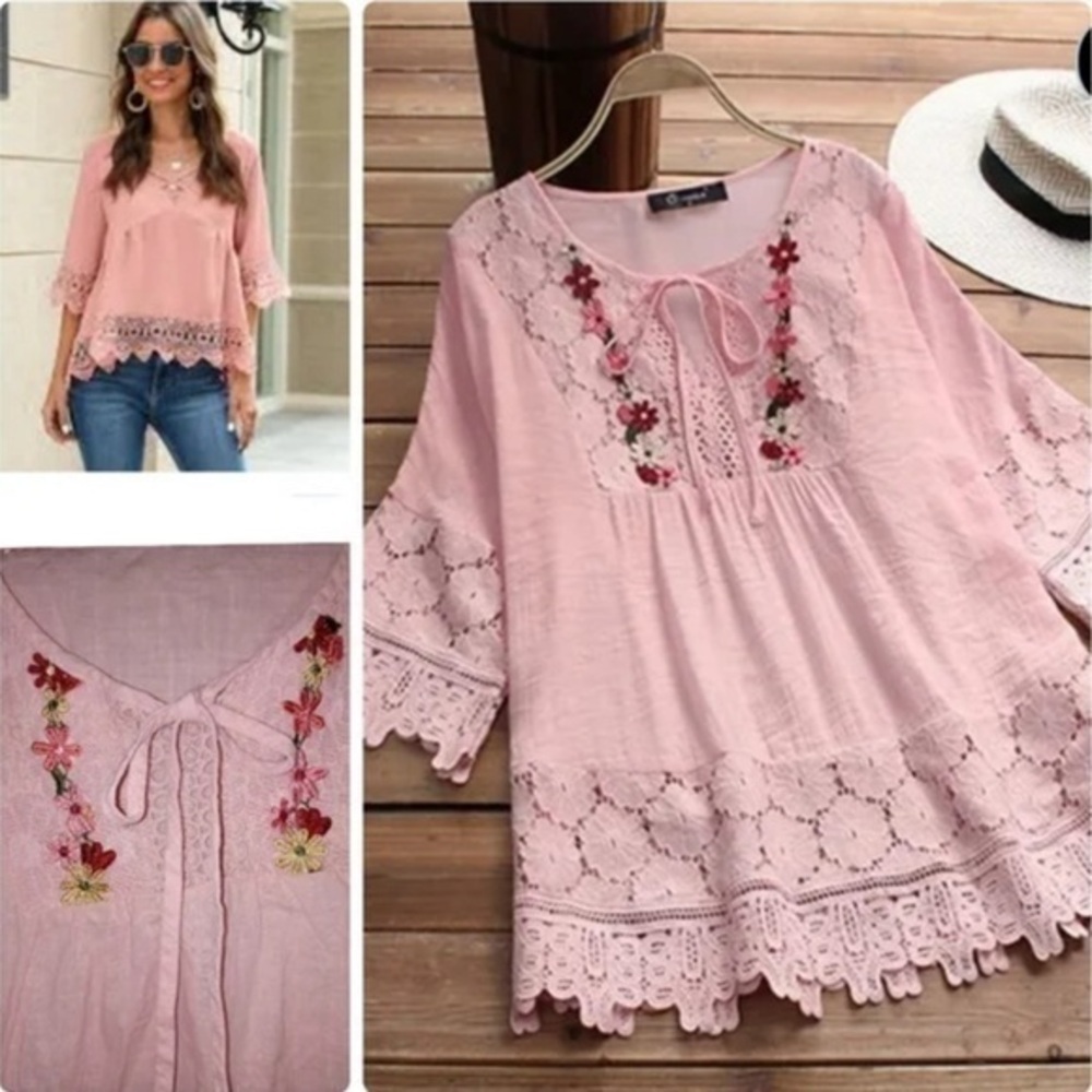 Pink lace trim BoHo embroidered smock top! Light & airy❤️ perfect for the spring